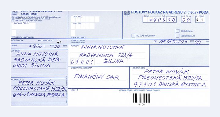 Ručne vyplnený poštový poukaz modrý