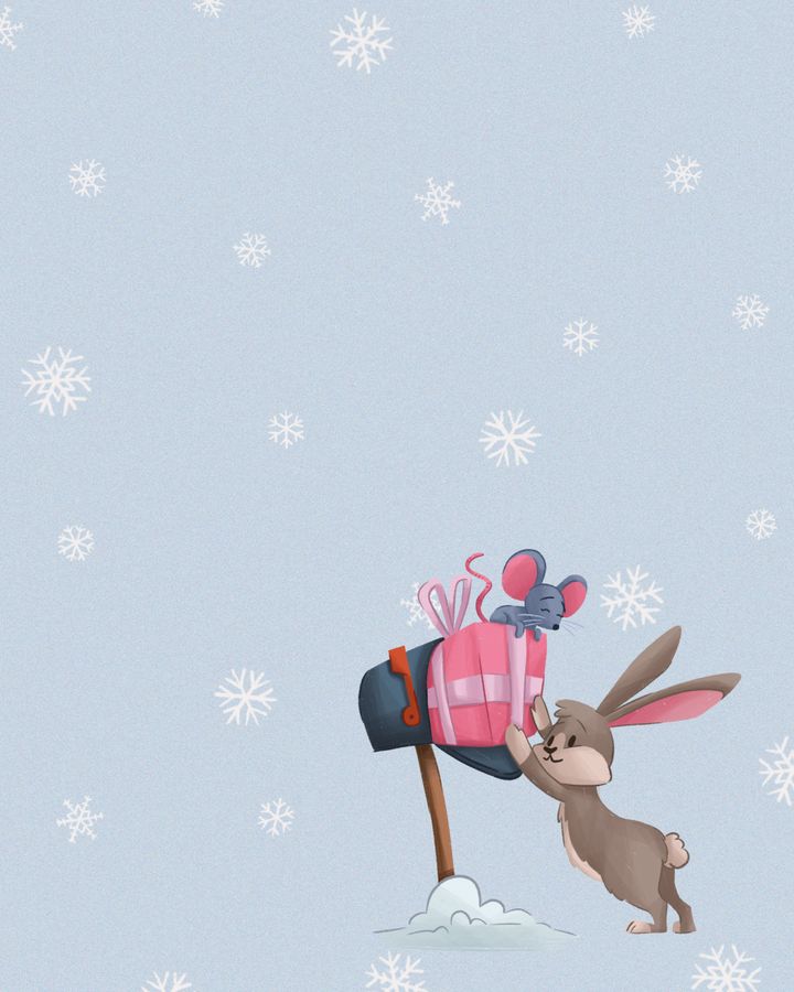 Detský ilustrácia zajaca a myšky ako vkladajú balík do schránky na zimnom pozadí
