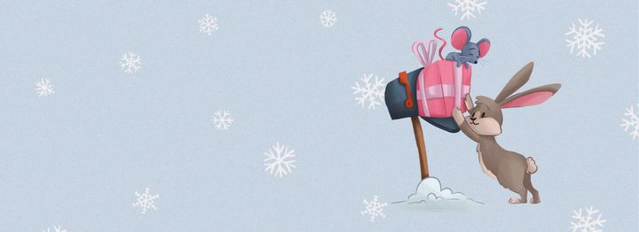 Detský ilustrácia zajaca a myšky ako vkladajú balík do schránky na zimnom pozadí