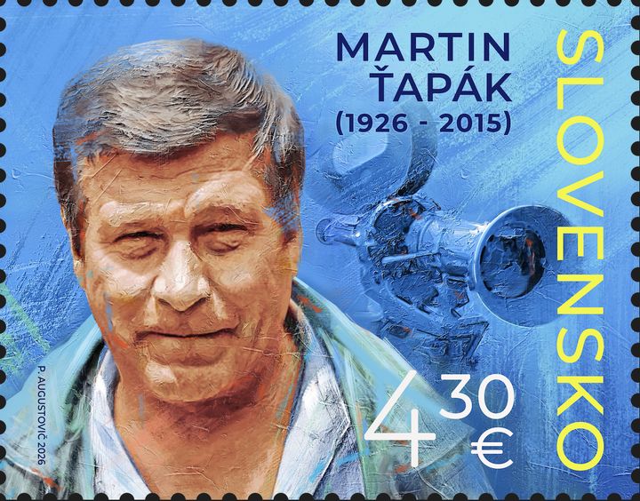 portrét Poštová známka s Martinom Ťapákom (1926 – 2015) doplnená dobovou filmovou kamerou. 